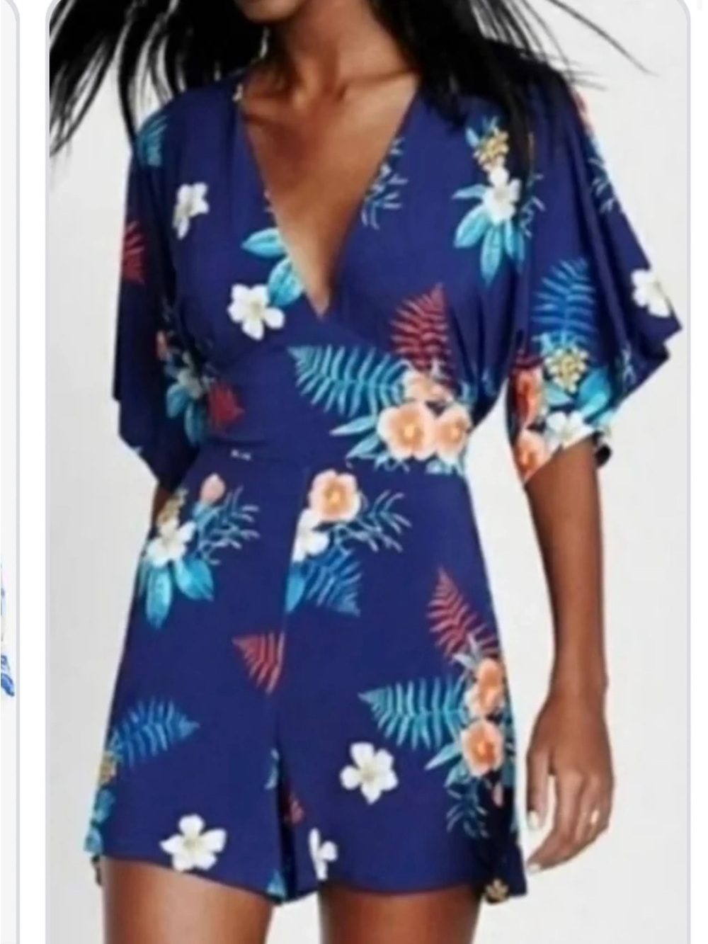 Express Blue Tropical Floral Printed Tie Belted Romper Kimono Style Multi M